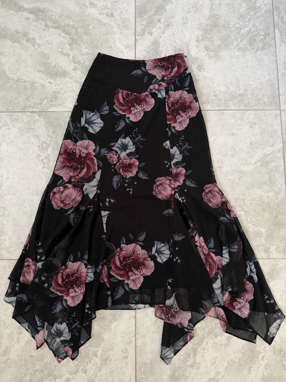 Floral Handkerchief Maxi Skirt in Black with Rose Print